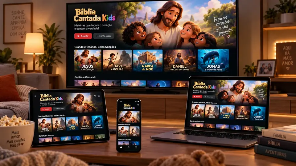 Televisão, tablet, notebook e celular exibindo a biblioteca Bíblia Cantada Kids