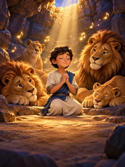Daniel na cova dos leões em estilo desenho animado
