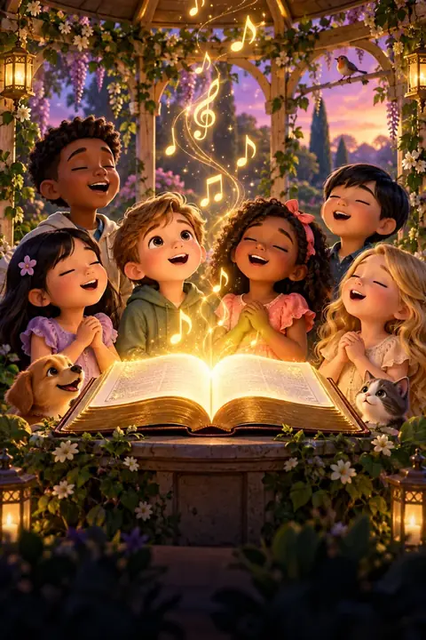 Crianças cantando versículos